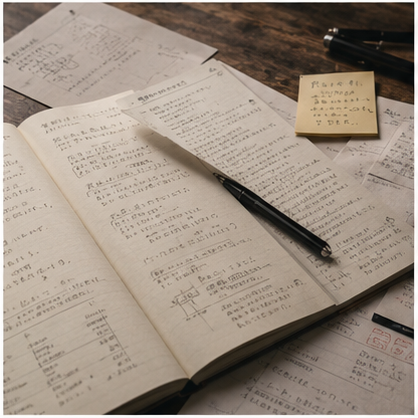 研究ノートとメモが並ぶGUCHILAB.の研究記録イメージ